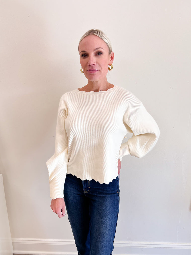 Scalloped neck clearance sweater