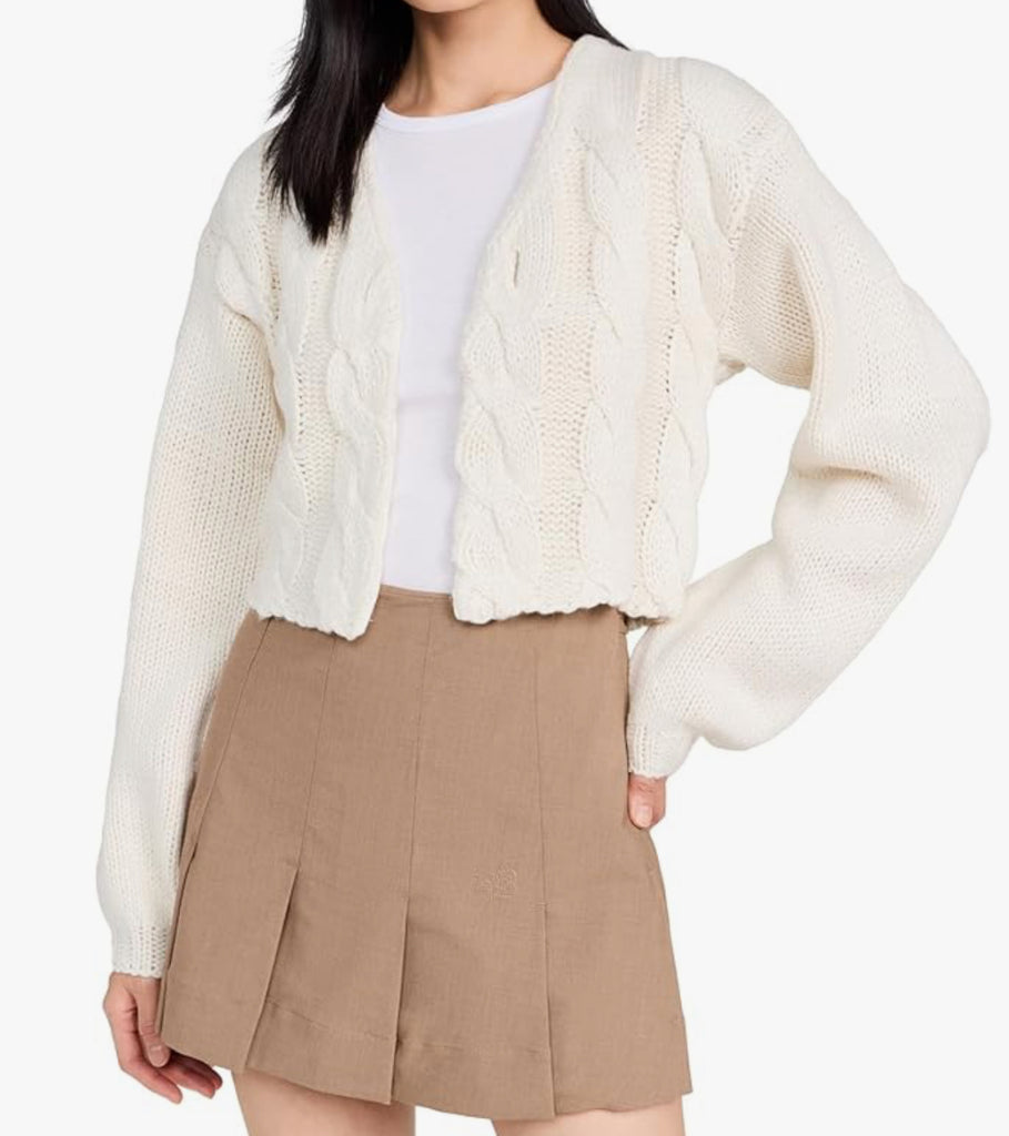 Puff Sleeve Chunky Knit Cardigan in Ivory